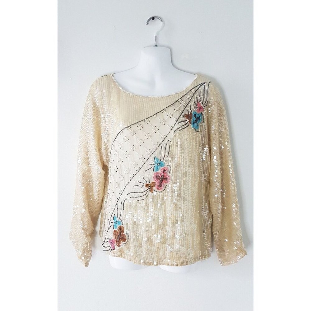 Vintage Iridescent Flower White Sequin Top, Size M, Sarine Paris Long Sleeve